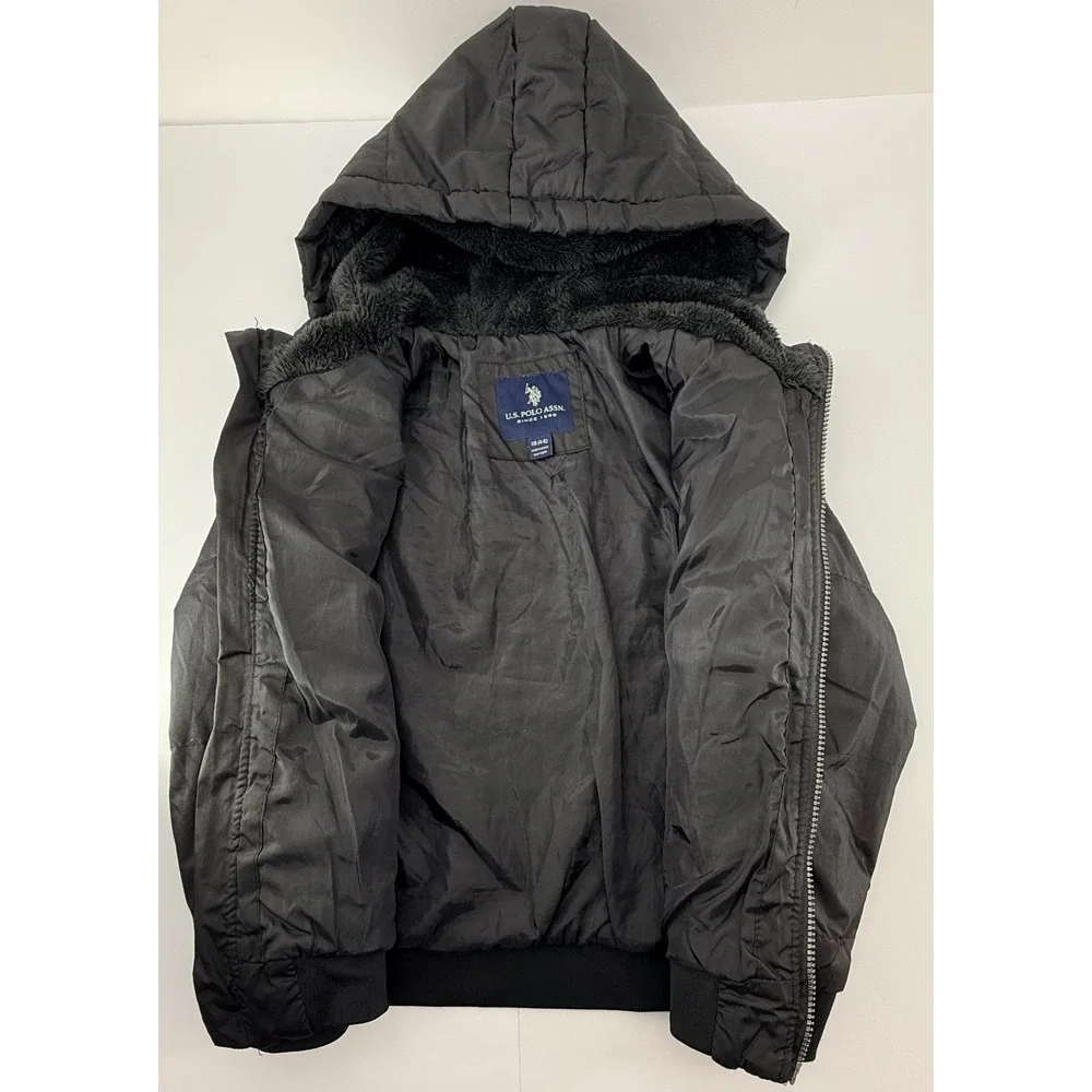 U.S. Polo Assn Boys Puffer Jacket‎ XS 4-5 Black Hooded Full Zip Winter Coat